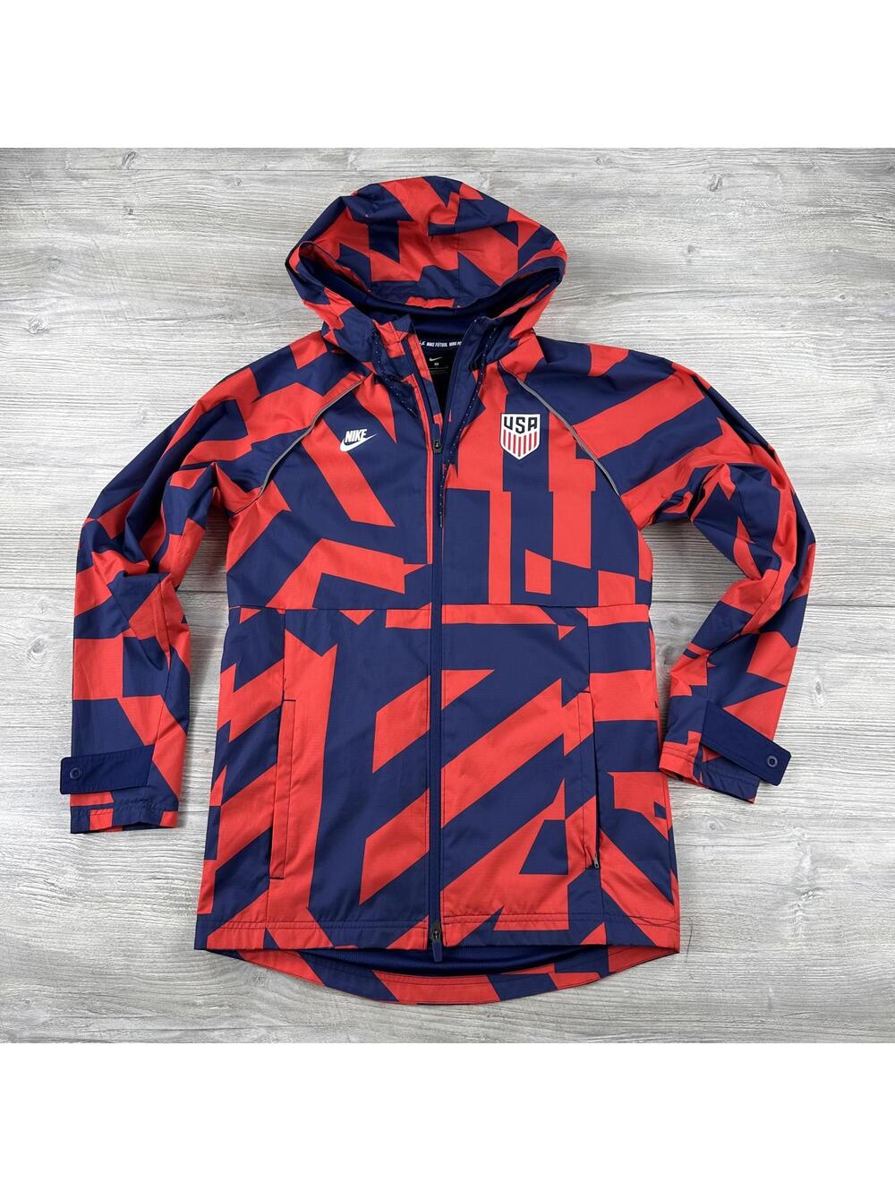 Nike Team USA Futbol Soccer Jacket Mens Small Navy Red Zip Thru Hooded Abstract